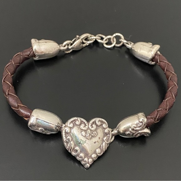 Retired BRIGHTON Cupid’s Bandit Silver Heart Brown Braided Leather Bracelet 26g - Picture 2 of 13